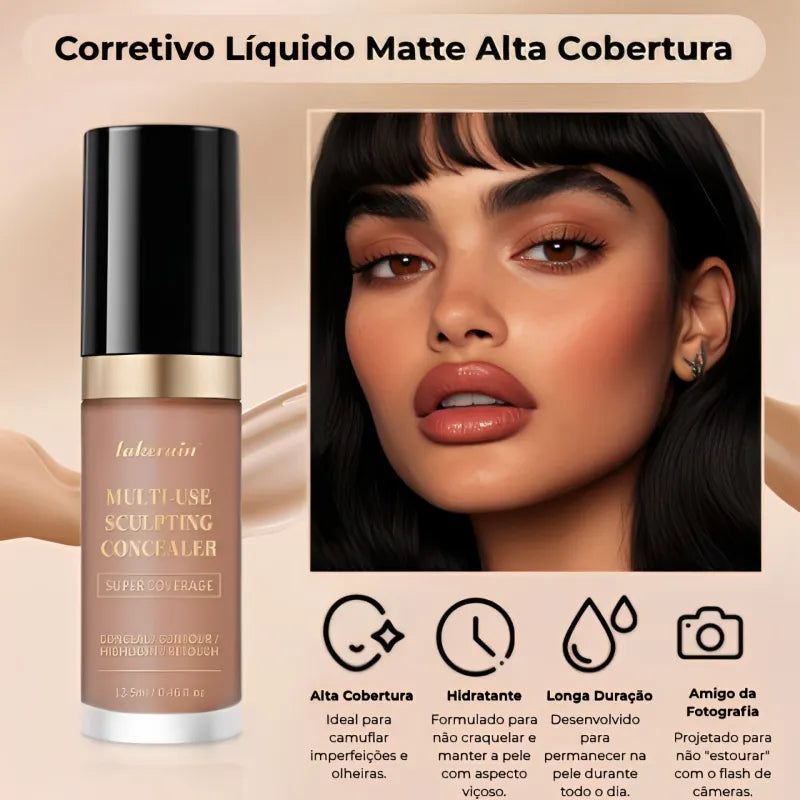 Corretivo Líquido Matte Alta Cobertura, Longa Duração e Controle de Oleosidade