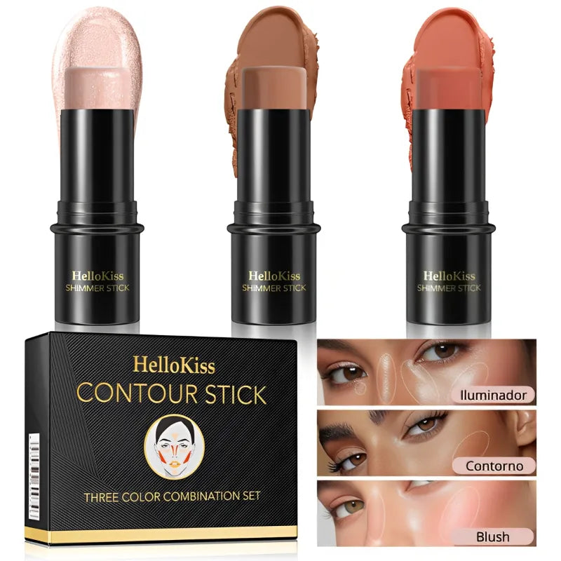 Kit 3 Bastões de Maquiagem – Contorno, Iluminador e Blush em Creme
