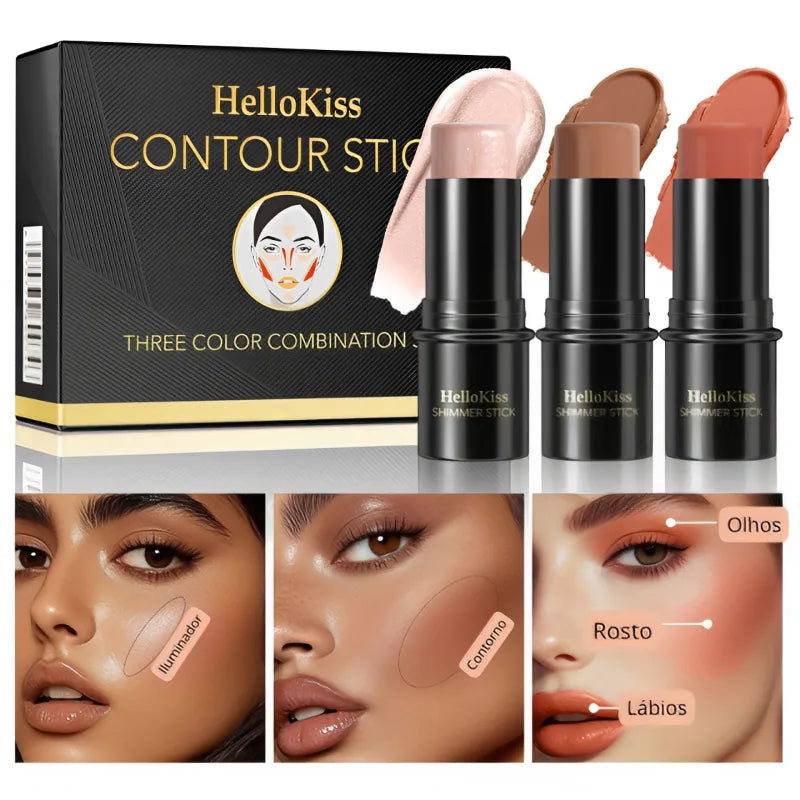 Kit 3 Bastões de Maquiagem – Contorno, Iluminador e Blush em Creme