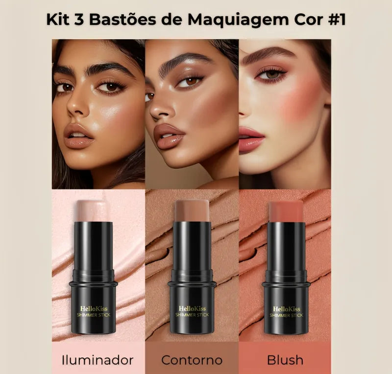 Kit 3 Bastões de Maquiagem – Contorno, Iluminador e Blush em Creme
