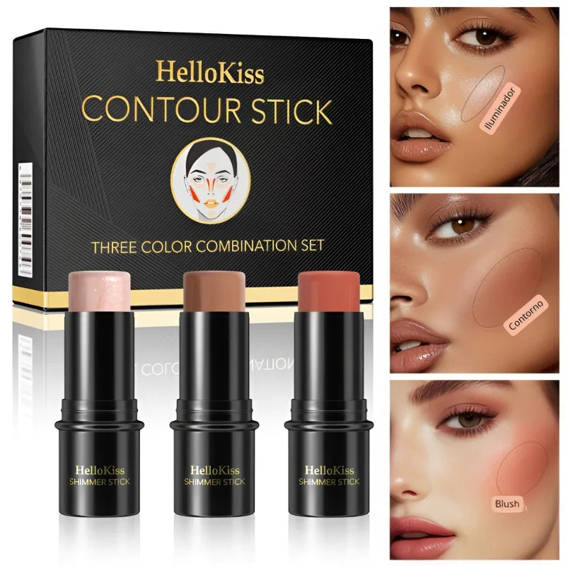 Kit 3 Bastões de Maquiagem – Contorno, Iluminador e Blush em Creme