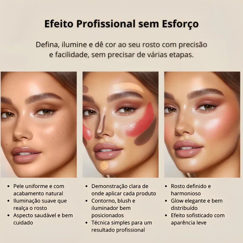 Kit 3 Bastões de Maquiagem – Contorno, Iluminador e Blush em Creme