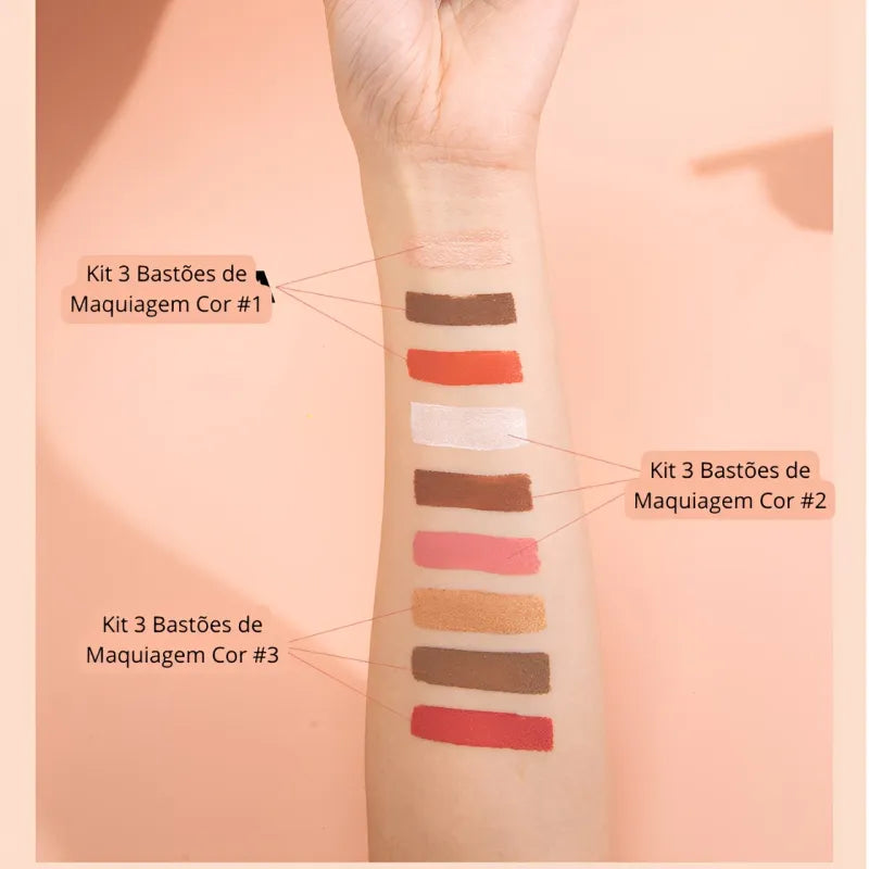 Kit 3 Bastões de Maquiagem – Contorno, Iluminador e Blush em Creme