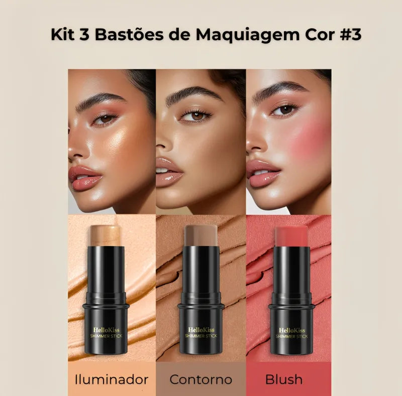 Kit 3 Bastões de Maquiagem – Contorno, Iluminador e Blush em Creme
