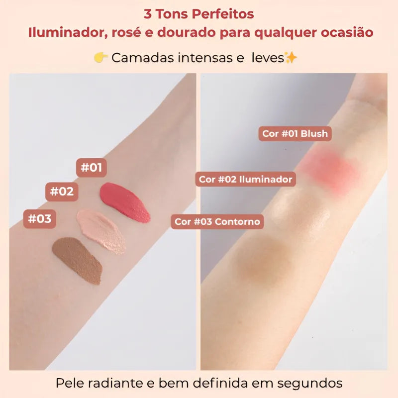 Kit Glow Perfeito 3 Peças – Iluminador, Blush e Contorno Líquido