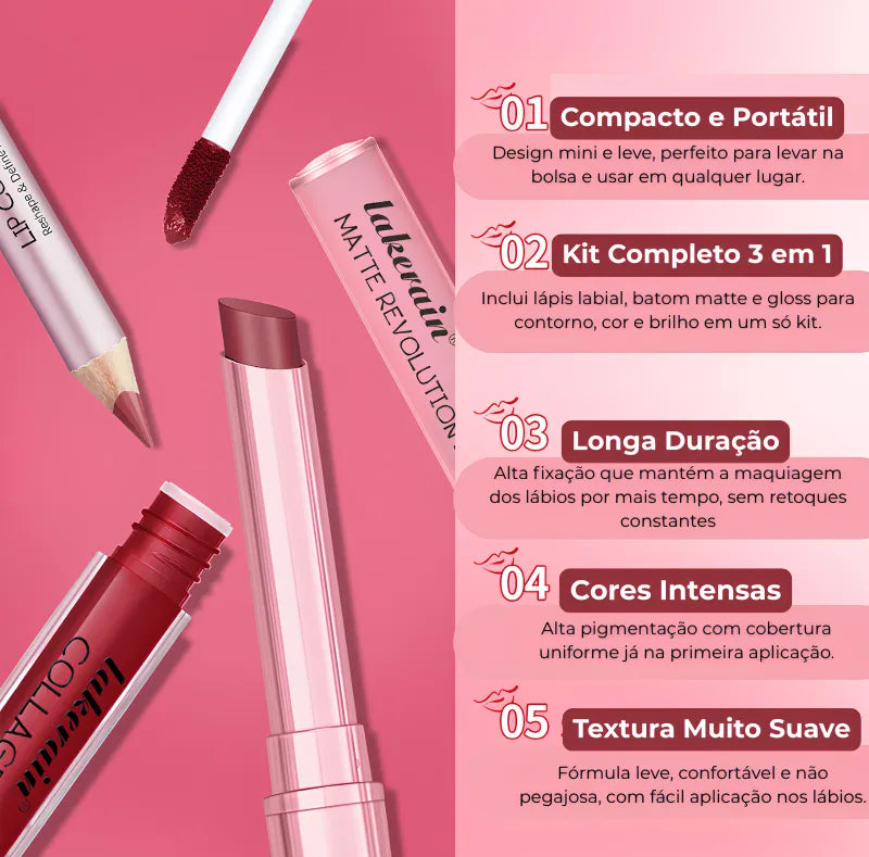 Kit Lábios 3 em 1 Matte + Gloss + Lápis Longa Duração