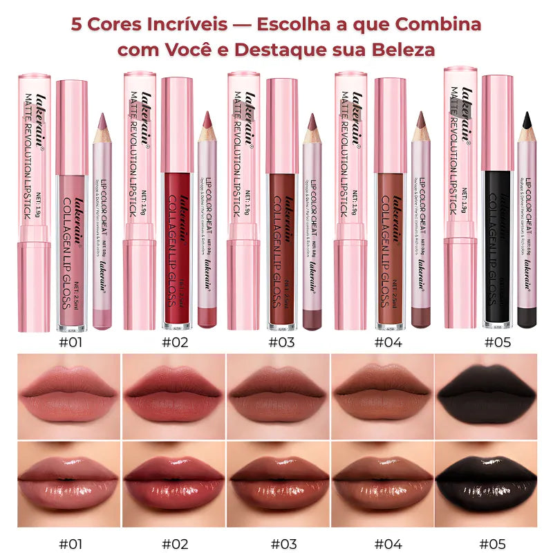 Kit Lábios 3 em 1 Matte + Gloss + Lápis Longa Duração