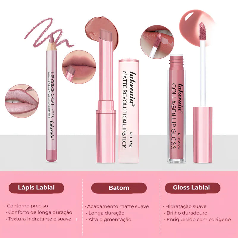 Kit Lábios 3 em 1 Matte + Gloss + Lápis Longa Duração