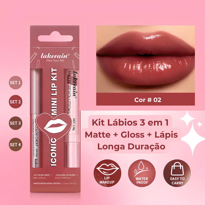 Kit Lábios 3 em 1 Matte + Gloss + Lápis Longa Duração