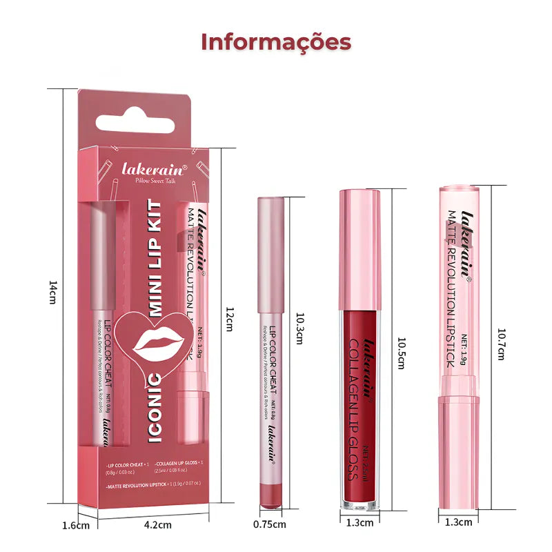 Kit Lábios 3 em 1 Matte + Gloss + Lápis Longa Duração
