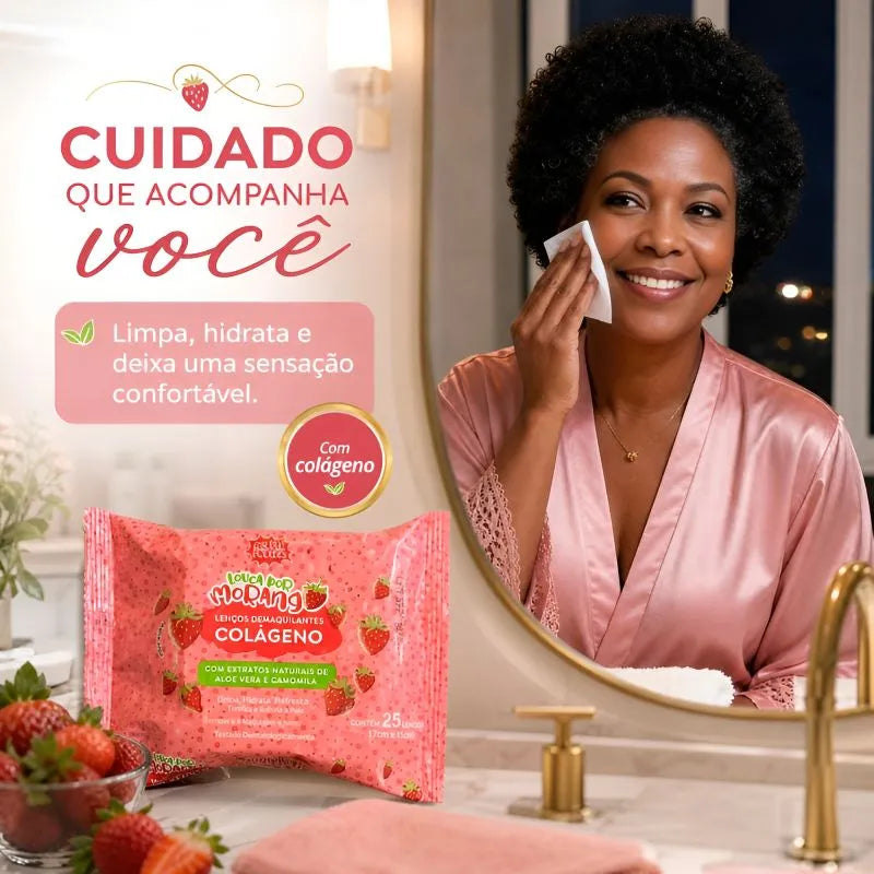 Lenço Demaquilante de Morango e Colágeno - Firmeza e Hidratação