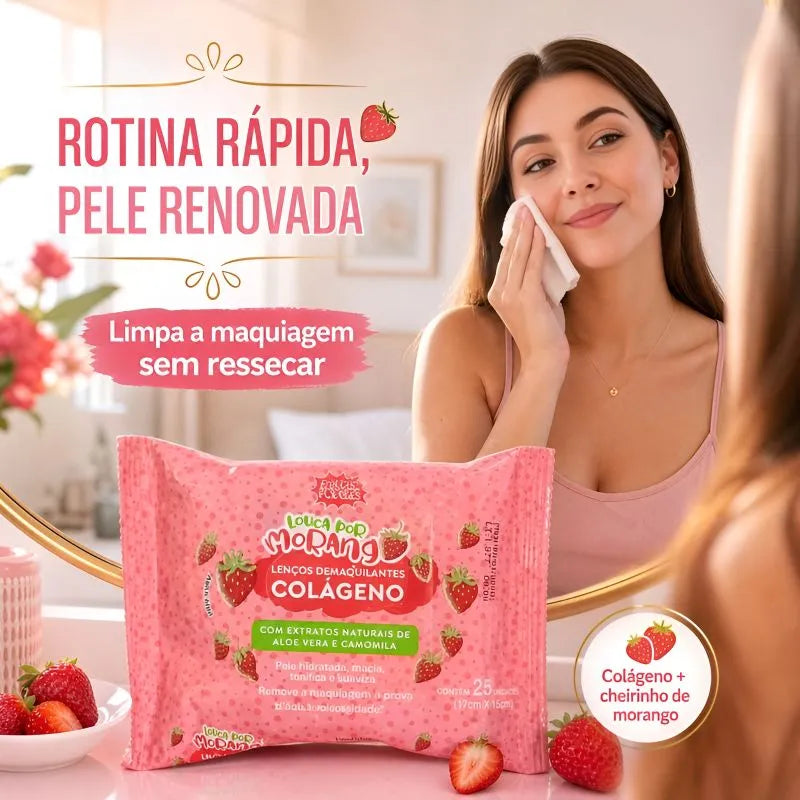 Lenço Demaquilante de Morango e Colágeno - Firmeza e Hidratação