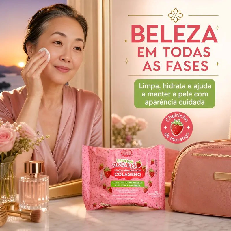 Lenço Demaquilante de Morango e Colágeno - Firmeza e Hidratação