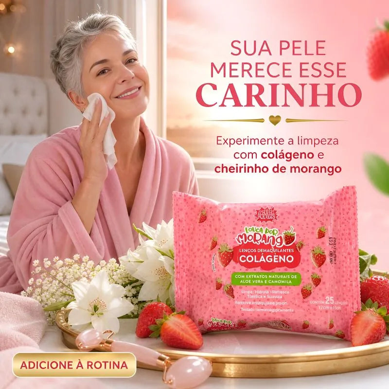 Lenço Demaquilante de Morango e Colágeno - Firmeza e Hidratação