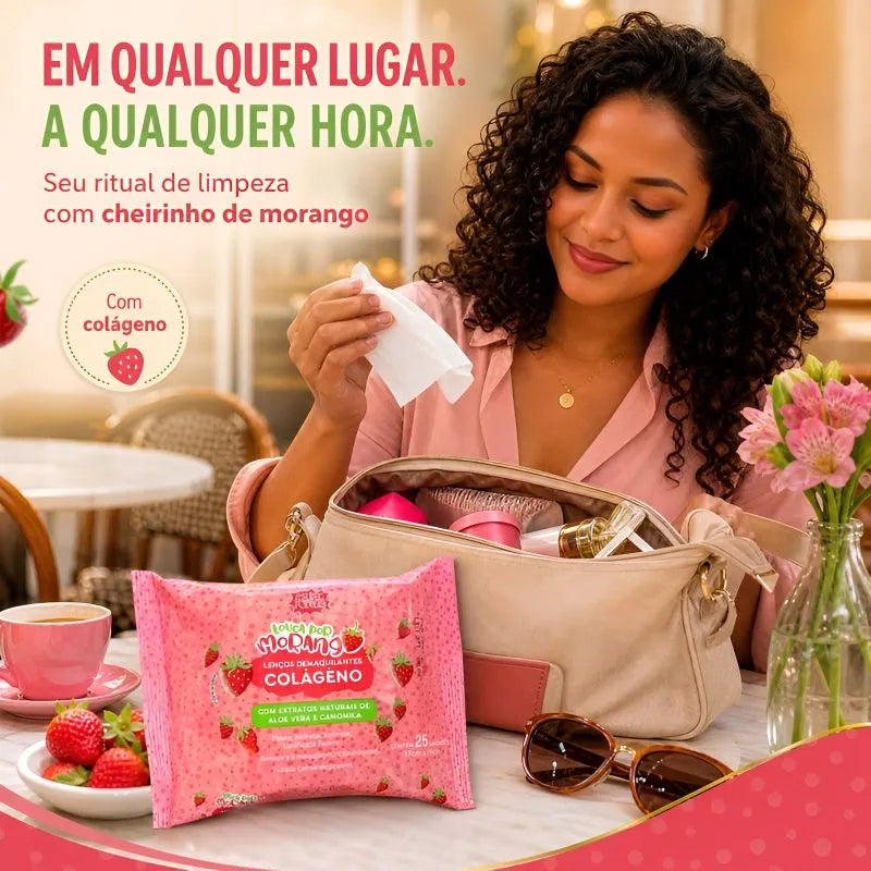Lenço Demaquilante de Morango e Colágeno - Firmeza e Hidratação