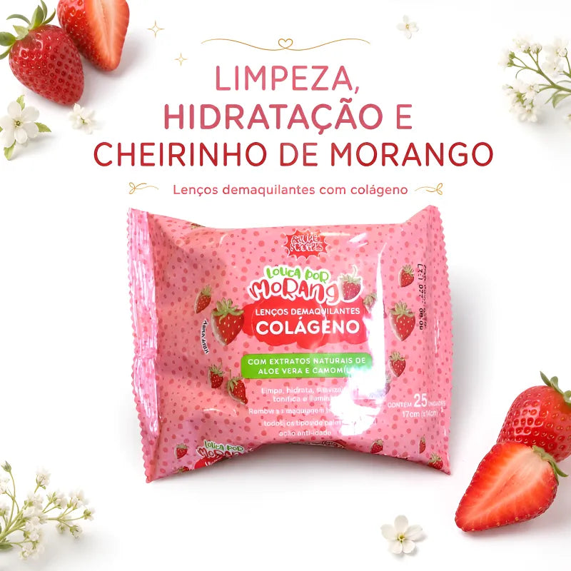 Lenço Demaquilante de Morango e Colágeno - Firmeza e Hidratação